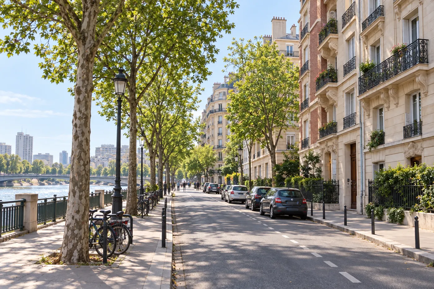 Rue résidentielle de Clichy-la-Garenne bordée d'immeubles anciens et de platanes