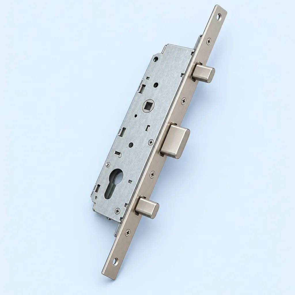 Serrure multipoints : boîtier, têtière et trois pênes