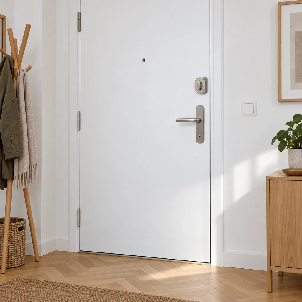 Verrou de sûreté en applique posé au-dessus de la poignée d'une porte palière